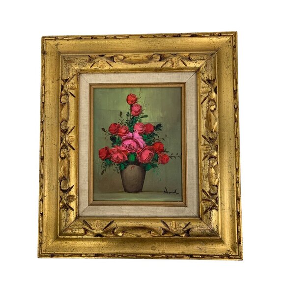 VTG Signed Original Still Oil Painting Roses In Gold Frame By David 16.5 x 18 - Picture 1 of 5